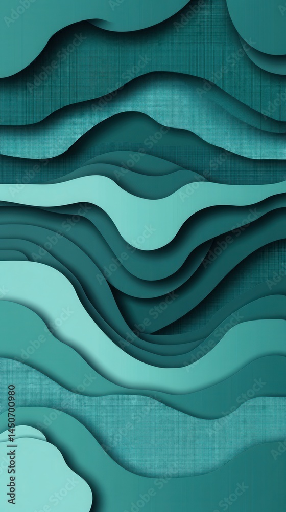 Poster abstract teal layered paper cut background with wavy shapes and subtle textures creating depth and d