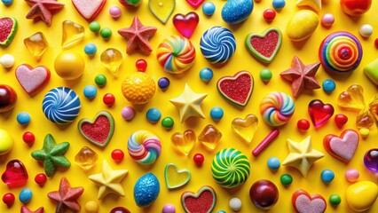 Fototapeta premium A vibrant collection of colorful candies, chocolates, and other treats on a sunny yellow background, creating a sweet and playful scene.