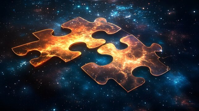 Two cosmic puzzle pieces, ablaze with energy, against a backdrop of stars.  They're joined, hinting at connection, or completion