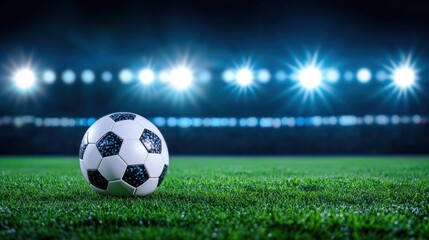 Fototapeta premium Soccer ball on field under stadium lights at night