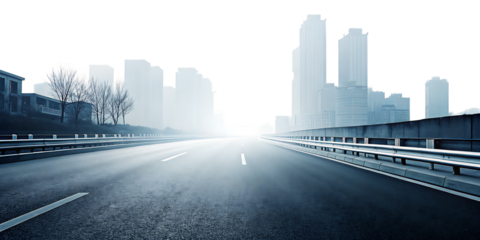 stra wide panoramic highway leading to a modern city skyline n the horizon. Tall buildings and skyscrapers isolated on white background  PNG