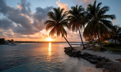 Obraz premium Caribbean sunset palms silhouette ocean shimmer