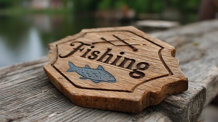 Carved wooden fishing sign on aged planks