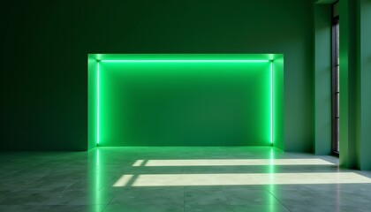 A large, empty room with green walls and a green floor