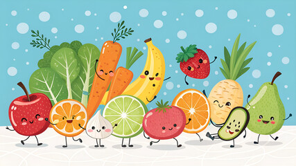 Cartoon fruits and vegetables healthy food illustration | Fruits and vegetables forming a human body illustration, metabolism, nutrition, eating diet, fitness, health, vitamins, digestion, supplements