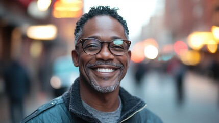 Fototapeta premium Smiling man in casual jacket, middle-aged, urban setting filled with warm lights, perfect for community or friendship themes.