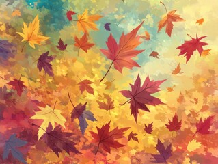 Artistic Autumnal Symphony Falling Maple Leaves in a Vibrant Watercolor Style Capturing the Essence of Fall Season with Warm Colors and a Gentle Breeze in a Serene Ambiance
