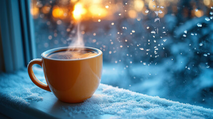 Obraz premium A warm cup of coffee sits on a snow-covered windowsill as the sun sets and snow falls outside