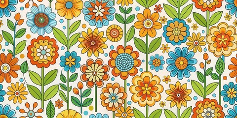 A vibrant and whimsical pattern of stylized flowers in shades of yellow, orange, and blue, set against a backdrop of light green leaves and white space, creating a cheerful and retro aesthetic.
