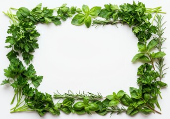 Top View of Fresh Green Culinary Herbs Arranged in a Rectangular Border Frame