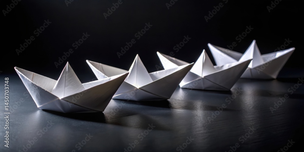Aufkleber Four White Paper Boats Aligned In a Row On a Dark Surface, A Symbol of Unity and Teamwork