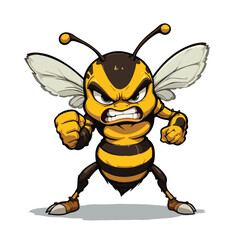This is a cartoon image of an angry bee standing aggressively with clenched fists and a fierce expression, designed in a comic book style on a white background.