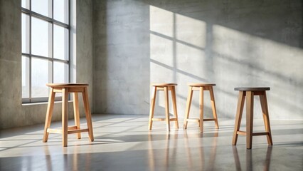 Four wooden stools arranged in a minimalist interior with a large window casting light and shadows on the concrete wall