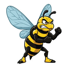 Fototapeta premium An angry, cartoonish bee mascot stands ready to fight, its black and yellow striped body coiled, black arms in fists, and menacing face conveying rage.