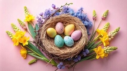 A Bird Nest Filled with Colorful Easter Eggs Adorned with Spring Flowers on a Pastel Pink Background