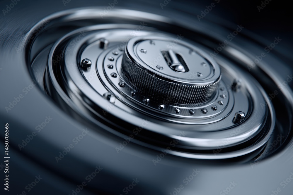 Poster close up of a shiny silver safe dial with intricate details security and precision emphasized in a d