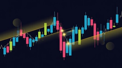 Colorful Candlestick Chart on Dark Background with Glowing Trend