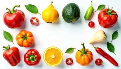 Variety of organic fruits and vegetables isolated on white, vibrant, fresh, sustainable