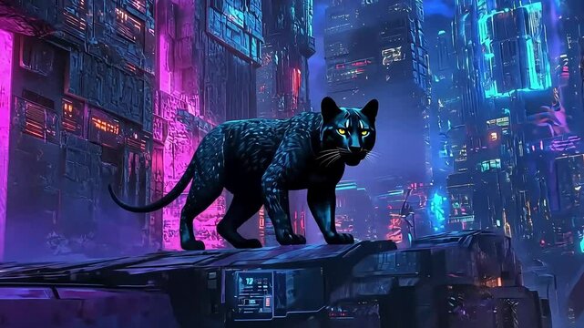 A sleek black panther prowls atop a futuristic urban landscape illuminated by neon lights