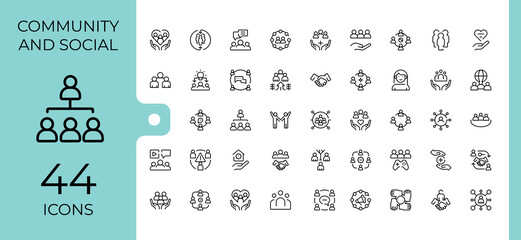 Community And Social icon set. Trendy minimal icons. Editable vector stroke. Charity icon set. Containing people, friend, network, social, relationship, community, hand and more.