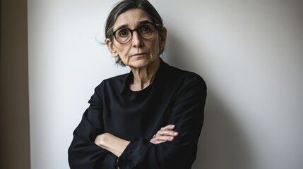 Fototapeta premium Confident Elderly Woman in Smart Casual Outfit Stares at Camera