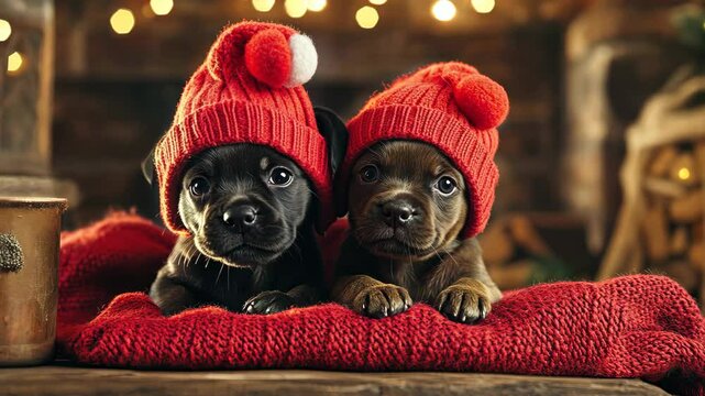 Festive puppies snuggling with red hats in cozy holiday setting