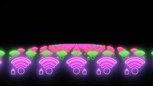 A futuristic digital background featuring a glowing neon tunnel with vibrant hues of blue, purple, and pink, symbolizing high-speed internet and data flow. The tunnel appears infinite, with Wi-F signa