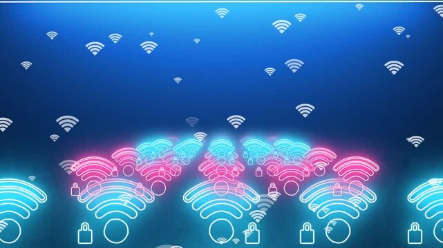 A futuristic digital background featuring a glowing neon tunnel with vibrant hues of blue, purple, and pink, symbolizing high-speed internet and data flow. The tunnel appears infinite, with Wi-F signa