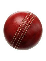 Close-up view of a red leather cricket ball with white stitching against a black background