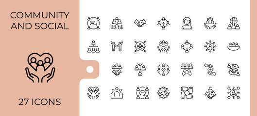 Community And Social icon set. Trendy minimal icons. Editable vector stroke. Charity icon set. Containing people, friend, network, social, relationship, community, hand and more.