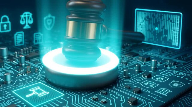 Futuristic Gavel on Circuit Board Representing Digital Law, Cybersecurity Regulation, and Technology Justice System Concept

