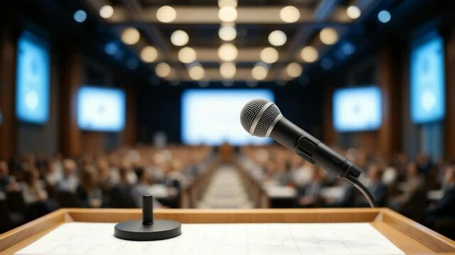 Meeting room podium with microphone and attendees conference interior blurred background large audience business event public gathering event speech speaker lecture presentation discussion talk