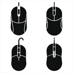 Vector of Four Computer Mouse Icons in a Set/Simple, black and white computer mouse icons, suitable for websites, apps, or presentations.