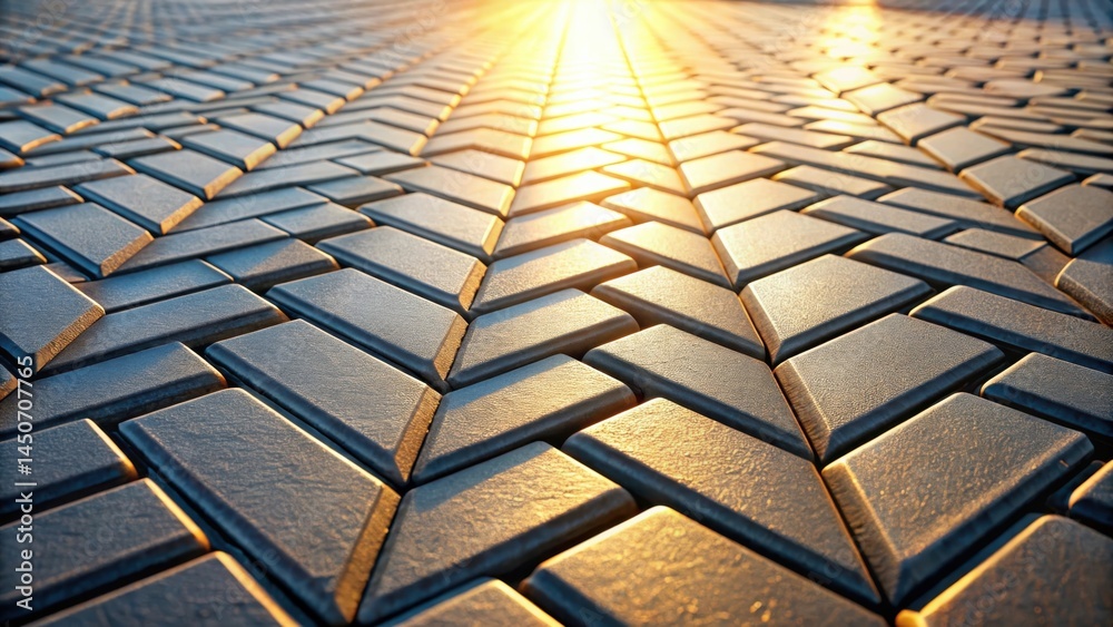 Poster A geometric pattern of interlocking rectangular tiles with a golden light shining from the horizon.