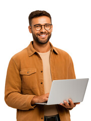 Young Caucasian man smiling and holding an open laptop, isolated on white or transparent background