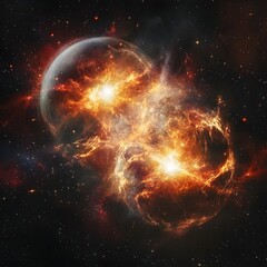 Fototapeta premium Two planets explode in fiery cosmic collision. A massive, destructive event in space, with intense heat and light