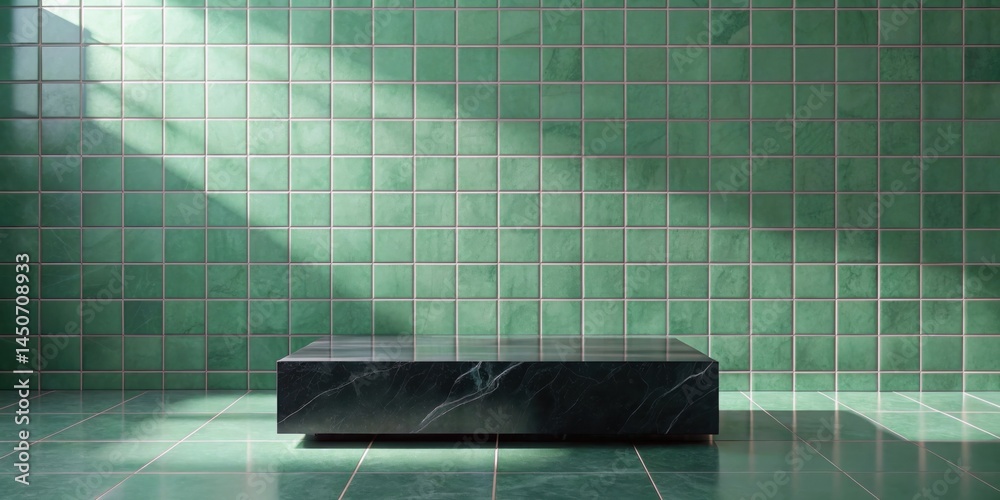 Poster A single black marble platform sits in front of a green tiled wall, illuminated by a soft stream of light.