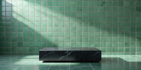 A single black marble platform sits in front of a green tiled wall, illuminated by a soft stream of light.