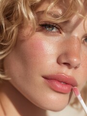 Naklejka premium young woman applying pink lip gloss using a beauty applicator 