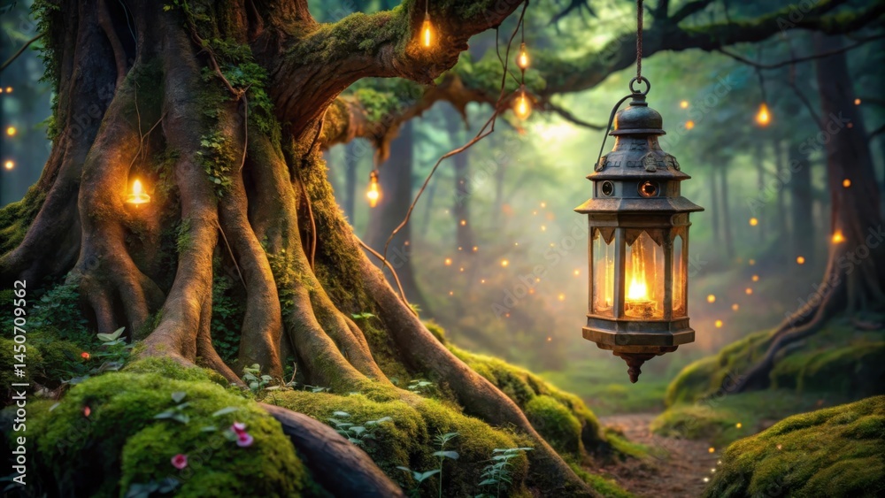 Poster A lantern hangs from a tree branch, casting a warm glow in the misty forest. Its light illuminates the moss-covered roots and creates a magical atmosphere.
