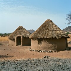 Two traditional round huts in a desert landscape