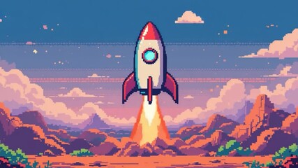 Colorful pixel art rocket launch into sunrise landscape - Powered by Adobe