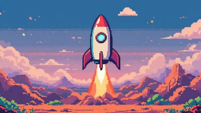 Colorful pixel art rocket launch into sunrise landscape