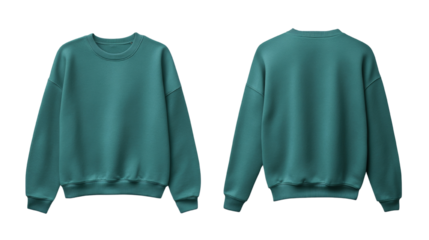 Elegant studio shot showcasing the front and back views of a teal sweatshirt apparel