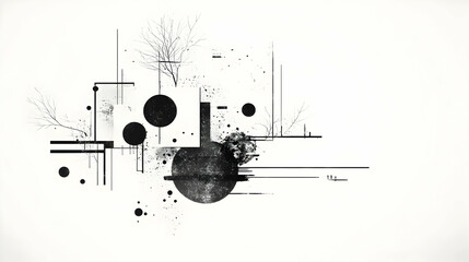 Obraz premium Abstract monochrome artwork featuring geometric shapes, splatters, and tree-like forms