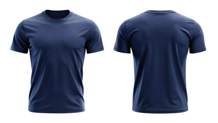 navy blue t shirt round neck front and back side template isolated on transparent white background, clipping path