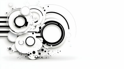 Fototapeta premium Abstract monochrome design featuring overlapping circles, lines, and splatters on a white background