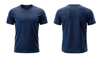 navy blue t shirt round neck front and back side template isolated on transparent white background, clipping path
