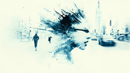 Obraz premium Abstract portrait dissolving into a city street scene, showing motion blur and a monochromatic color scheme
