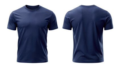 navy blue t shirt round neck front and back side template isolated on transparent white background, clipping path